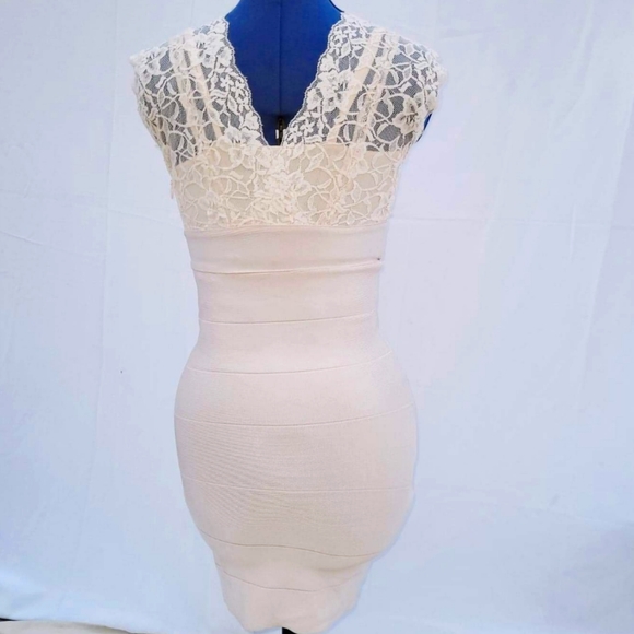 Bebe Cream color Lace Bodycon Dress - Picture 2 of 5